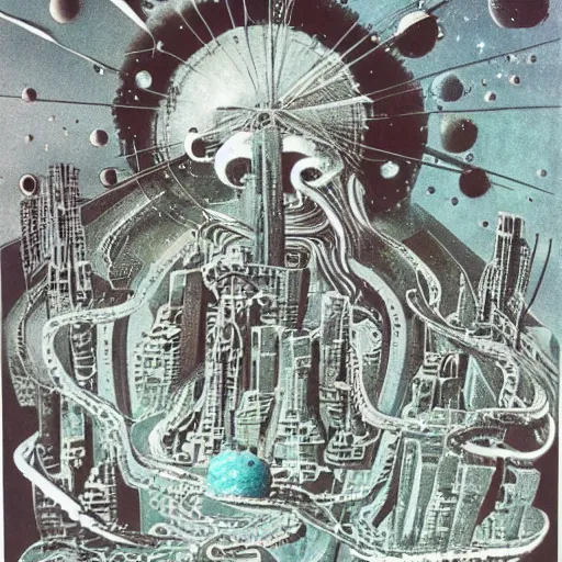 Image similar to cosmic eldritch space squid consuming a city on neptun, epic surrealism, elegant, dreadful cut out collage, 1974