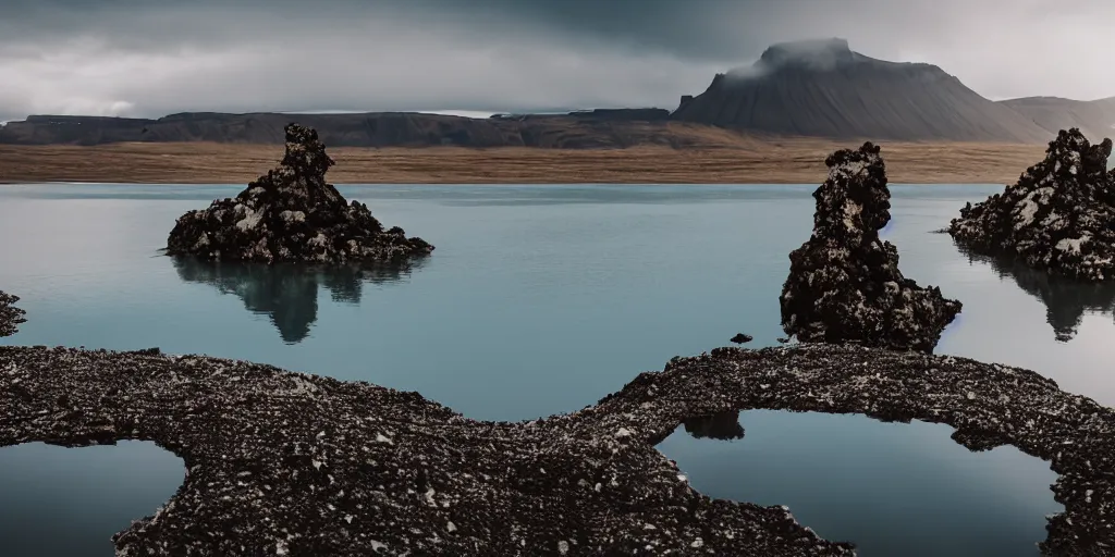 Prompt: cinematic wide shot of rop in the water in the middle of a lake in iceland, a rocky foreground, sunset, a bundle of rope is in the center of the lake, eerie vibe, leica, 2 4 mm lens, 3 5 mm kodak film, f / 2 2, anamorphic