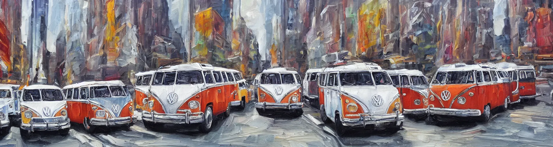 Image similar to a detailed oil painting of vw buses in new york city