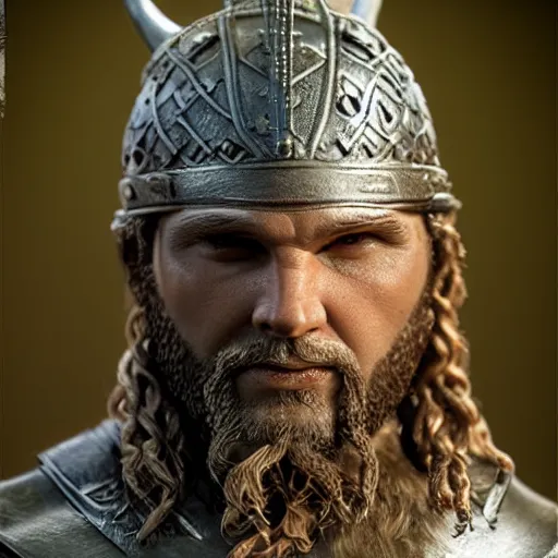 Image similar to of a 3d clay model of a viking from valhalla, wearing the horned helmet ultra fine detail, hair strands, ultra high resolution, fine texture detail, miniature painting techniques, perfect proportions, marvel cinematic universe, eric bana