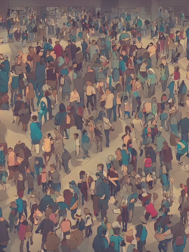 Prompt: packed crowd from overhead by disney concept artists, blunt borders, rule of thirds