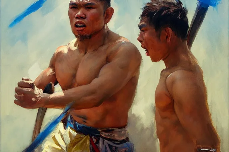 Image similar to greg manchess portrait of a filipino mma fighter with a sword shouting happy, profile picture, organic painting, sunny day, matte painting, bold shapes, hard edges, street art, trending on artstation, by huang guangjian, gil elvgren, ruan jia, randy vargas, greg rutkowski