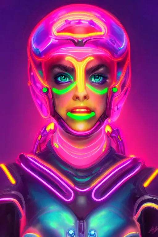 Image similar to portrait of a girl with a biomechanic armor and neon light by Lisa Frank, digital painting, highly detailed, trending on artstation