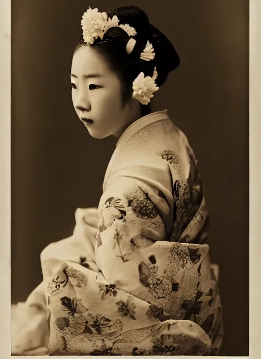 Image similar to a wet plate portrait of a young asiatic woman, geisha, traditional dress, flowers, photorealistic, cinematic light, highly detailed, smooth, sharp focus, illustration, shallow depth of field