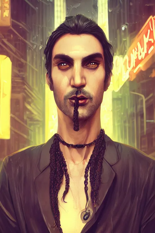 Prompt: 3 / 4 portrait, male greek vampire of clan banu haqim, from vampire the masquerade, night, loose braided hair, beautiful, in a modern city, neon signs, jewelry, tattoos, artstation, william bouguereau, rossdraws, greg rutkowski, super detailed, realistic, octane render, volumetric, cinematic, 8 k