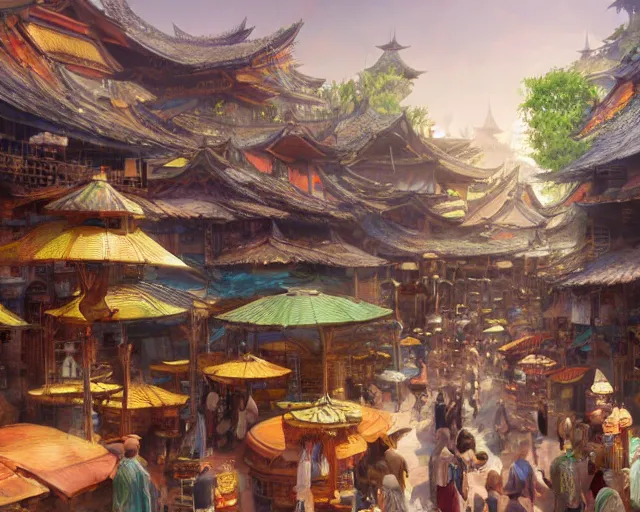 Prompt: colorful, bustling marketplace in a great kitsune city, bamboo, fountain, a fantasy digital painting by Greg Rutkowski and James Gurney, trending on Artstation, highly detailed