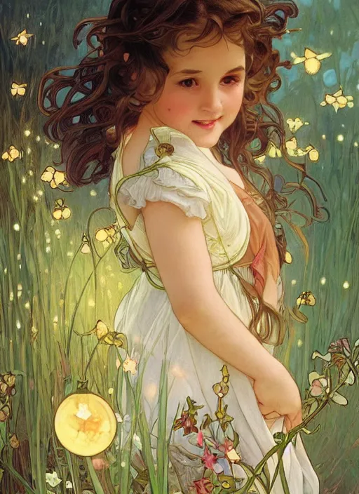 Prompt: a cute little girl with short curly brown hair with a happy expression wearing a summer dress dancing with fireflies, she is in the distance. beautiful fantasy art by by artgerm and alphonse mucha, trending on artstation.