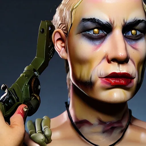 Prompt: ultra realistic painted sculpture of tank girl. waxwork. cinematic makeup. detailed lifelike