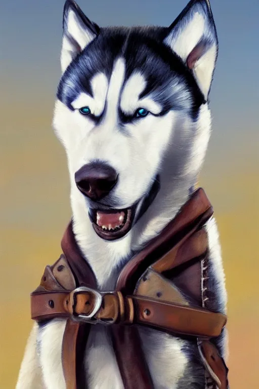 Image similar to a portrait painting of a husky in cowboy costume on the horse, anime, furry, humanoid, personify, anthropomorphic