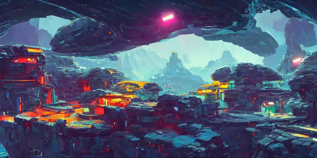 Prompt: a small asteroid mining village nestled in a space cave by alena aenami, petros afshar, colin campbell cooper speedart