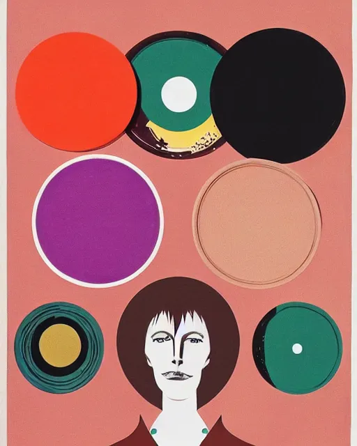 Image similar to Ziggy Stardust era David Bowie at rotating sushi restaurant, plates of sushi, chopsticks and beer, minimalist geometric abstract art in the style of Hilma af Klint