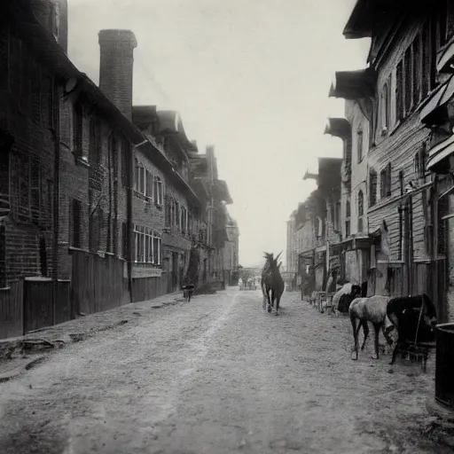 Prompt: grainy 1800s photo of a city street with robotic horses