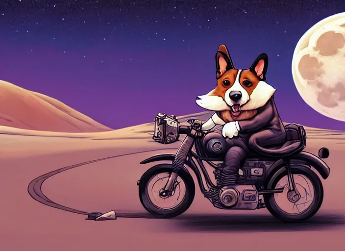 Image similar to a cell shaded cartoon corgi riding a motorcycle, with a big head, on a desert road, wide shot, in front of a big moon, muted colors, post grunge, josan gonzales, wlop, by james jean, victor ngai, hq, deviantart, art by artgerm