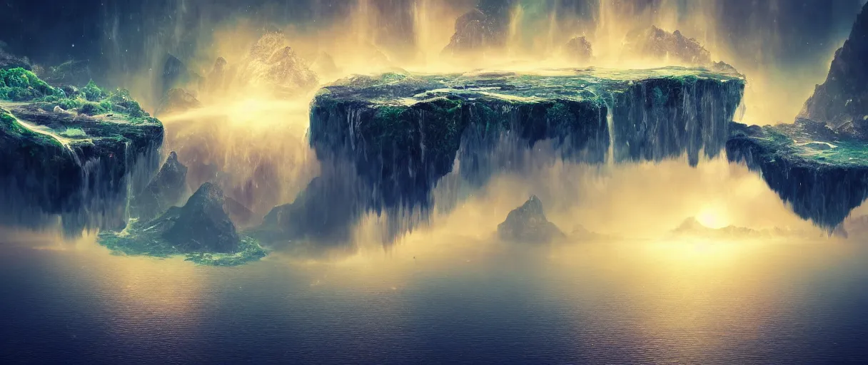 Image similar to islands floating in space with waterfalls flowing off the island, floating in space, in style of world's edge by kvacm trending on deviant art, digital art, detailed, depth of field, reflections, 4 k resolution