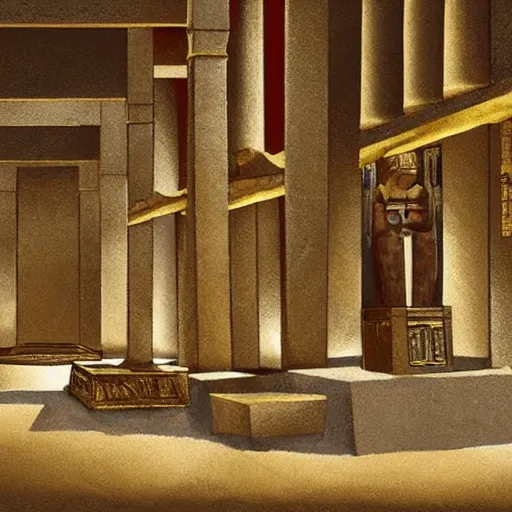 Prompt: an ancient undiscovered egyptian treasure room entirely made of shiny gold, full of ingots and gems and precious, concept art, architecture design, pyramids style, art by de chirico