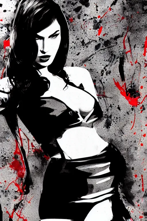 Image similar to dream of a film still from sin city, closeup portrait of film noir megan fox private detective, detailed illustration, digital art, trending on artstation, frank miller, martin ansin, movie poster, paint splatter, gta v,