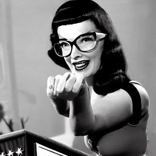 Prompt: Bettie Page with glasses as president of USA