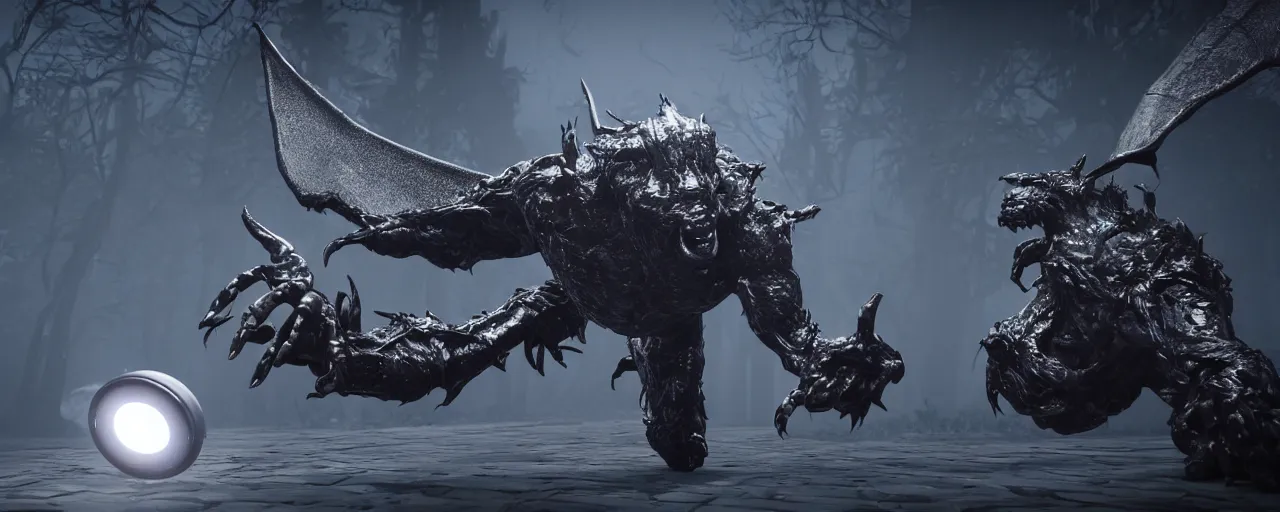 Image similar to cinematography picture with monster with bat wings, cyclope eye, big claws, several arms, hiding in the dark, 8k, unreal engine 5, hyperrealistic quality, ps5