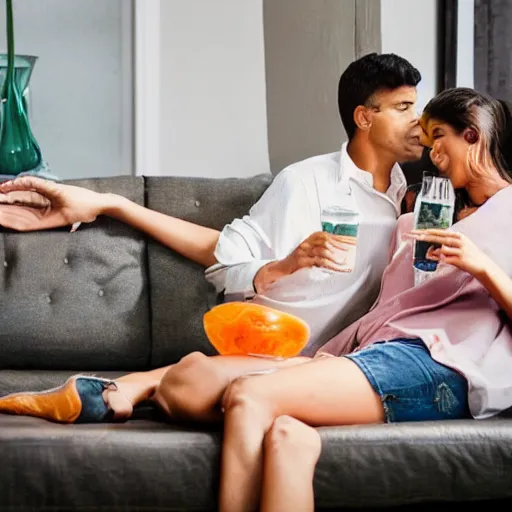 Image similar to indian guy and swedish girl drinking gin and tonics on the couch