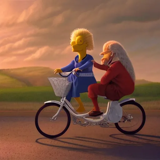 Image similar to Hyper realistic portrait of Joe Biden sniffing little Lisa Simpson's long flowing hair while they ride a bicycle together, little Lisa Simpson is sitting in the basket on the front of the bike, Cinematic lighting, ultra super good realistic 3D render by Gerald Brom and James Jean, Trending on Artstation, 8k, post processing, sharp focus