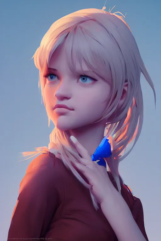 Image similar to complicated dynamic composition, by Loish,ilya kuvshinov,krenz cushart ,Greg Rutkowski, trending on artstation. Zbrush sculpt colored, Octane render in Maya and Houdini VFX,realistic close-up face of cute young blonde girl, deep blue eyes, Amazing textured brush strokes, studio lighting.