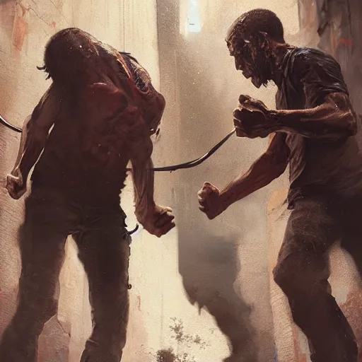 Image similar to original masterpiece artwork of 2 men strangling each other during a fight in an alleyway by greg rutkowski and strewzan, horror, crime, hyperrealistic, octane render, exciting pose, dynamic lighting