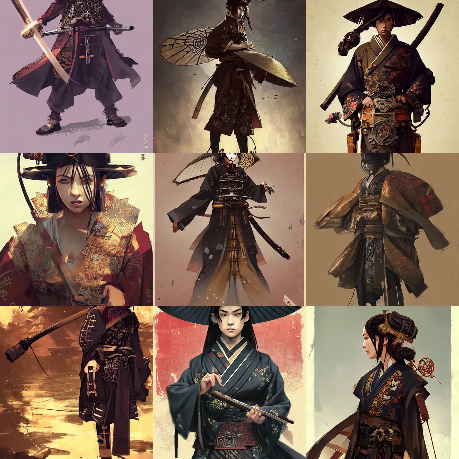 Prompt: steampunk samurai wearing yukata, by greg rutkowski, artgerm, rule of thirds, fierce look, beautiful