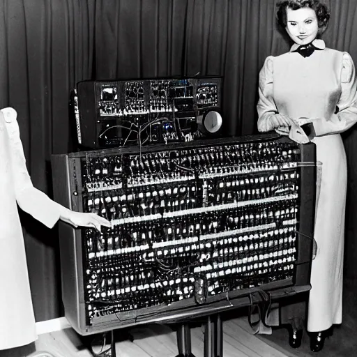 Prompt: Shirley Temple using a giant modular synth, photograph