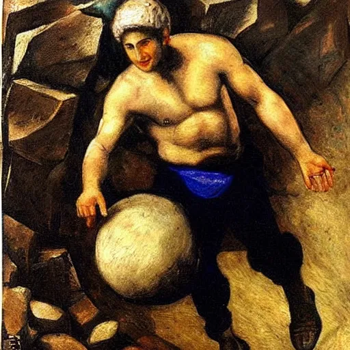 Image similar to a painting of benjamin netanyahu as sisyphus, carrying boulder, by franz stuck