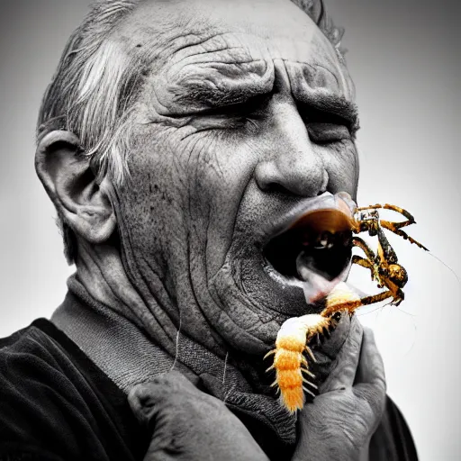 Image similar to National Geographic photo of angry old man with spiders in his mouth