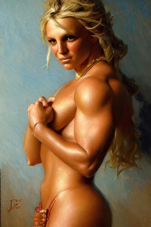 Prompt: detailed portrait of a beautiful britney spears muscular, painting by gaston bussiere, craig mullins, j. c. leyendecker