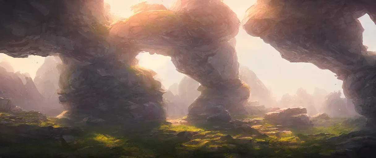Prompt: field of large man made stone arcs, concept art, digital painting, style of jordan grimmer, warm lighting, futuristic, volumetric lighting, view from below, vivid colours, bright, daytime, godrays, high detail