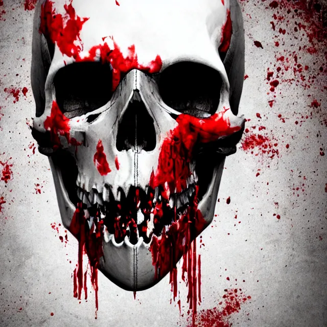 Image similar to skull centered facing the camera, blood pouring out from its mouth, mortal kombat map background