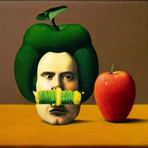 Image similar to The Son of Man painting by Rene Magritte but with an corn cob instead of an apple