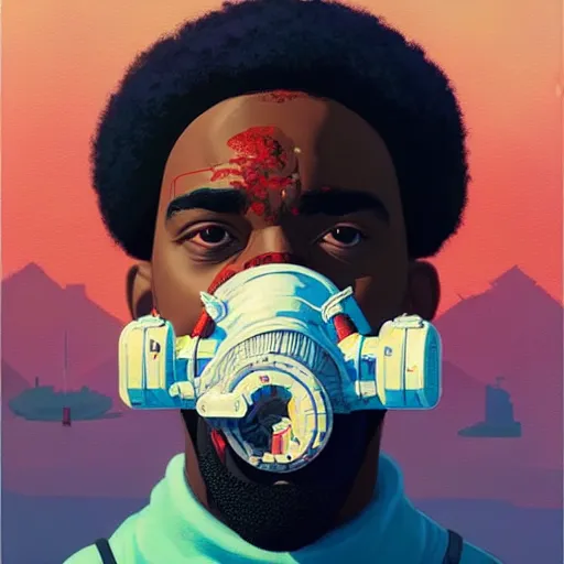 Prompt: a portrait of a black man :: side profile blood :: background sea :: intricate details :: futuristic oxygen mask :: 8k :: simon stalenhag and Sandra Chevrier