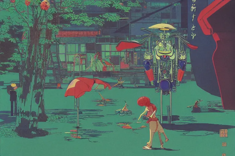 Image similar to gigantic dragonflies catch tiny cars, a lot of exotic mechas robots around, heads are all over the ground, acid and dreaming psychedelic hallucinations, risograph by kawase hasui, dirtyrobot, edward hopper, satoshi kon and moebius, colorful flat surreal design, super - detailed, a lot of tiny details, fullshot