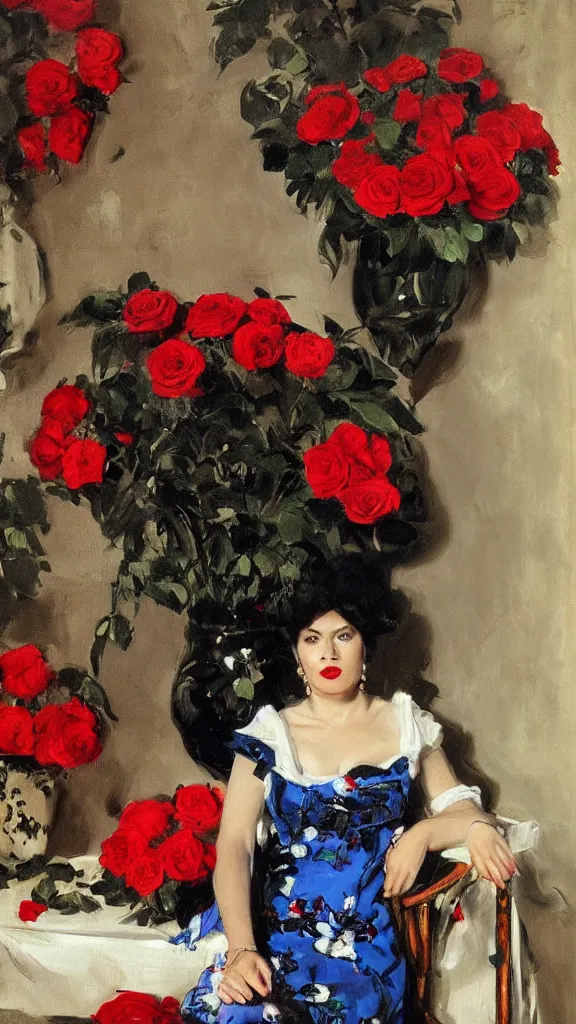 Image similar to portrait of rebekah delrio in lynch pattern dress beside of a big persian detailed pot of red roses, blue and red lights painted by john singer sargent