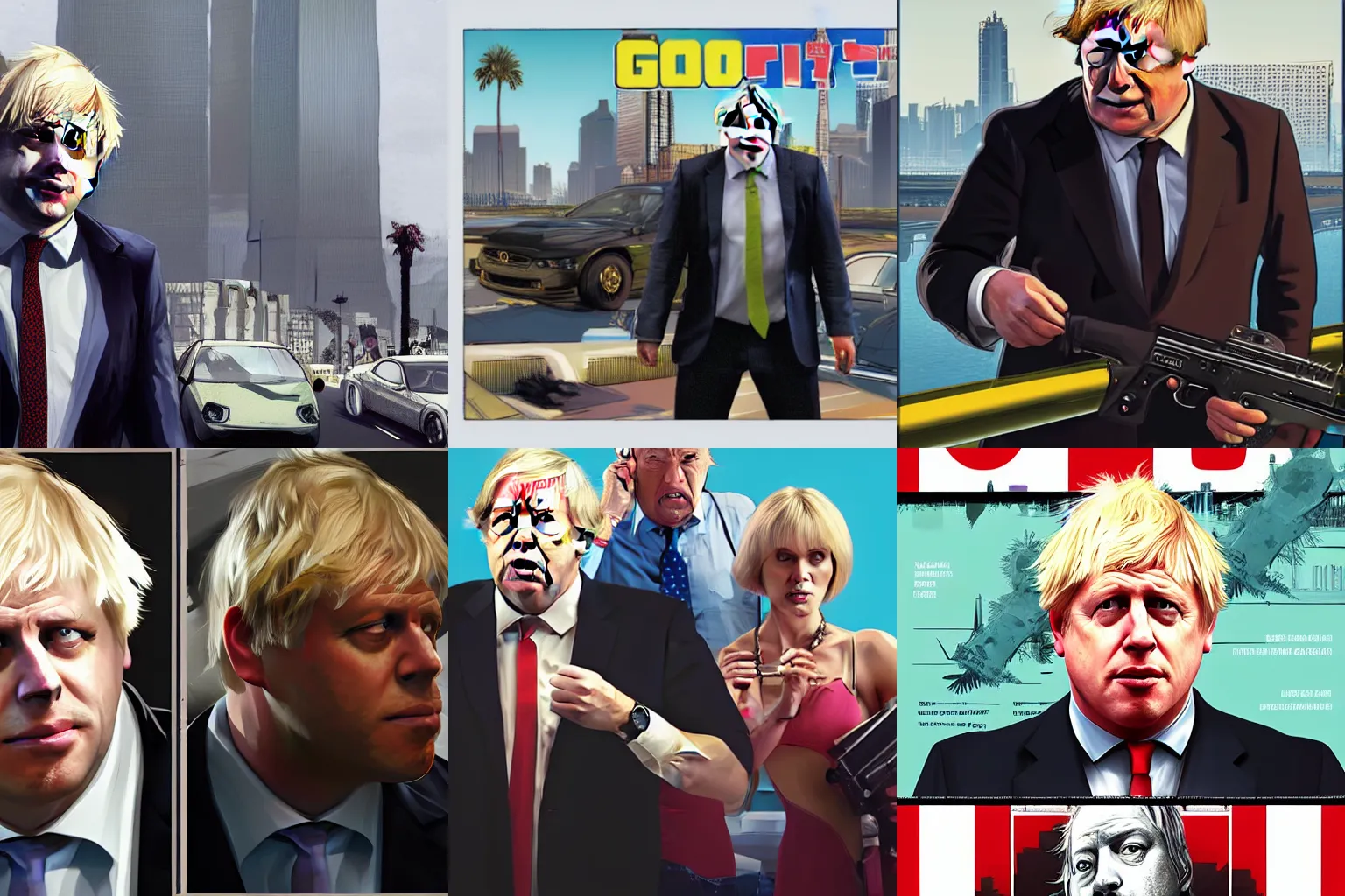 Image similar to Boris Johnson in GTA V, cover art by Stephen Bliss, artstation, no text