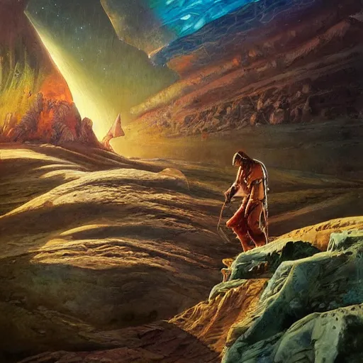 Prompt: A fresco painting of a nomadic wanderer traversing a corrupted futuristic crystal desert by Jacek Yurka, Kelly Freas, Filip Hodas, Paul Lehr, Dan Mumford, Max Ernst