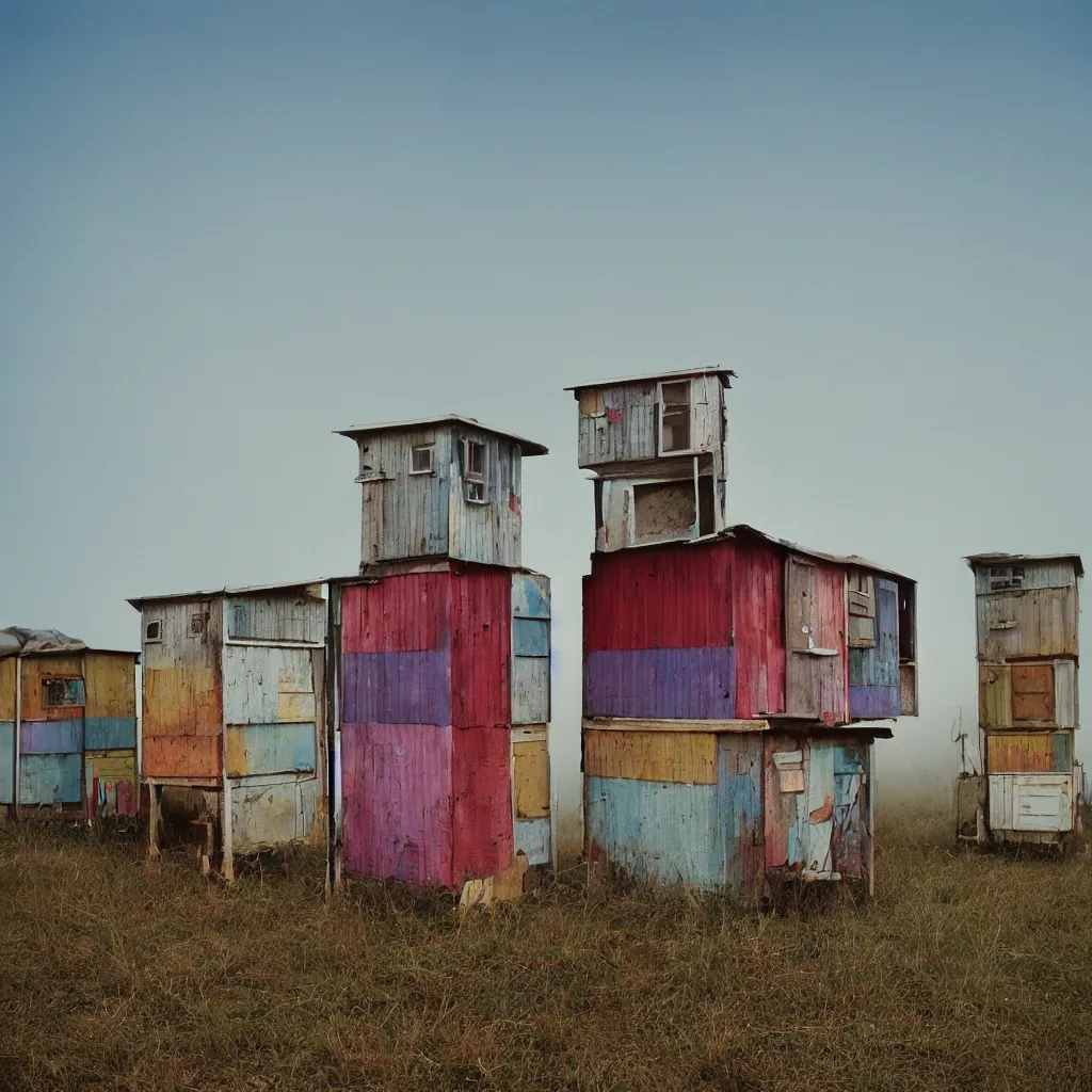 Image similar to two towers, made up of colourful stacked makeshift squatter shacks, bleached colours, plain uniform sky at the back, misty, mamiya, f 1. 8, ultra sharp, very detailed, photographed by julie blackmon