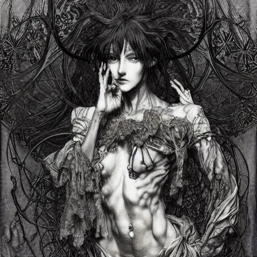 Prompt: gustave dore james gurney artstation hyperrealism photo - realistic demon hyperdetailed intricate beautiful interwoven fibers of death and solace solitude alphonse mucha yoji shinkawa apophasis shintaro kago junji ito esoteric hypnogogic ethereal ethereality dreamscape