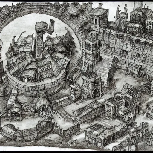 Image similar to anthromorphic humanoid ants building a city. epic game landscape shot. Beautifully detailed pen and ink drawing on parchment, D&D art by Michelangelo