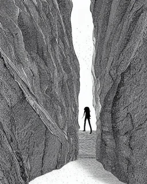 Prompt: a small person standing in the middle of a canyon, illustration