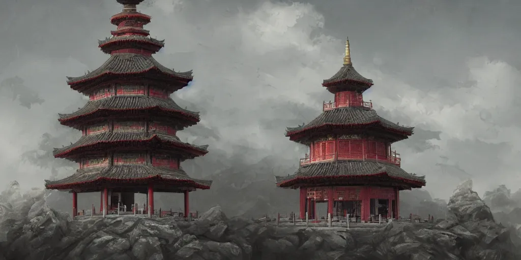 Prompt: a concept art of a chinese pagoda, straight edges, finely detailed oil painting, impasto brush strokes, soft light, 8 k, dramatic composition, dramatic lighting, sharp focus, octane render, masterpiece, by adrian ghenie and jenny saville and zhang jingna