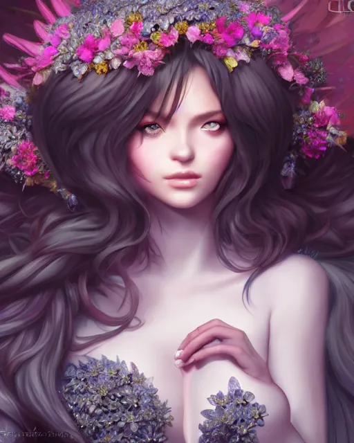 Image similar to dark angel in beatiful dress surrounded by dark flowers and diamonds, very detailed, realistic face, detailed face, matte, tonemapping, bbwchan, perfection, 4 k, cushart krenz