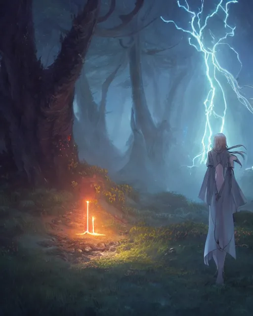 Prompt: concept art of a powerful elvish druid summoning a lightning storm, key visual, ambient lighting, highly detailed, digital painting, artstation, concept art, sharp focus, by makoto shinkai and akihiko yoshida and hidari and wlop