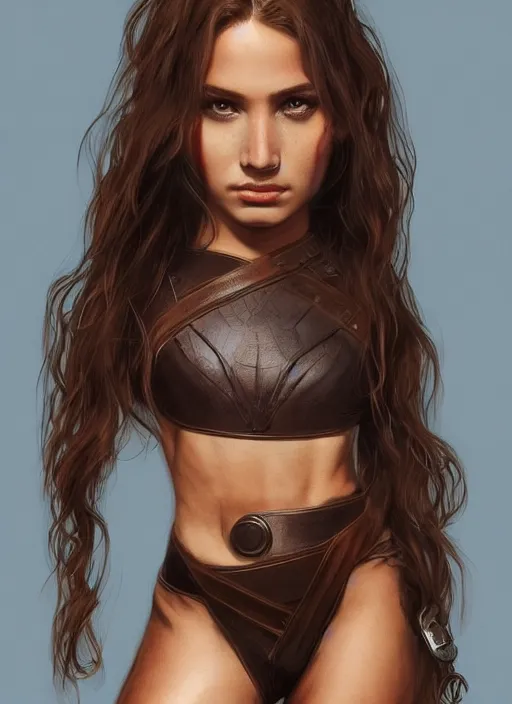 Image similar to Beautiful Goddess with long brown hair and brown skin brown eyes wearing leather armor by Ilya Kushvikov, symmetrical face concept art hyperrealism, Pouty expression, artstation