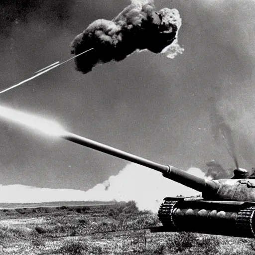 Image similar to a photograph of a dalek firing its laser at a soviet t - 3 4 tank, taken during 1 9 4 4