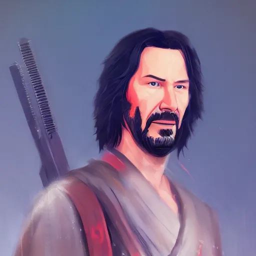 Image similar to Portrait of Keanu Reeves as a samurai, mattepainting concept Blizzard pixar maya engine on stylized background splash comics global illumination lighting artstation lois van baarle, ilya kuvshinov, rossdraws