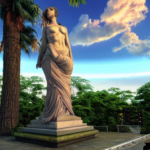 Image similar to vaporwave statue, trending on art station, 4k UHD, 8k, painting illustration, high detail, rendered in unreal engine, 3d render, god rays, volumetric lighting, award winning, photorealistic, vegetation, golden lighting